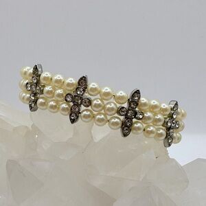 VINTAGE Triple-Strand Faux Pearl & Crystal Cuff Bracelet